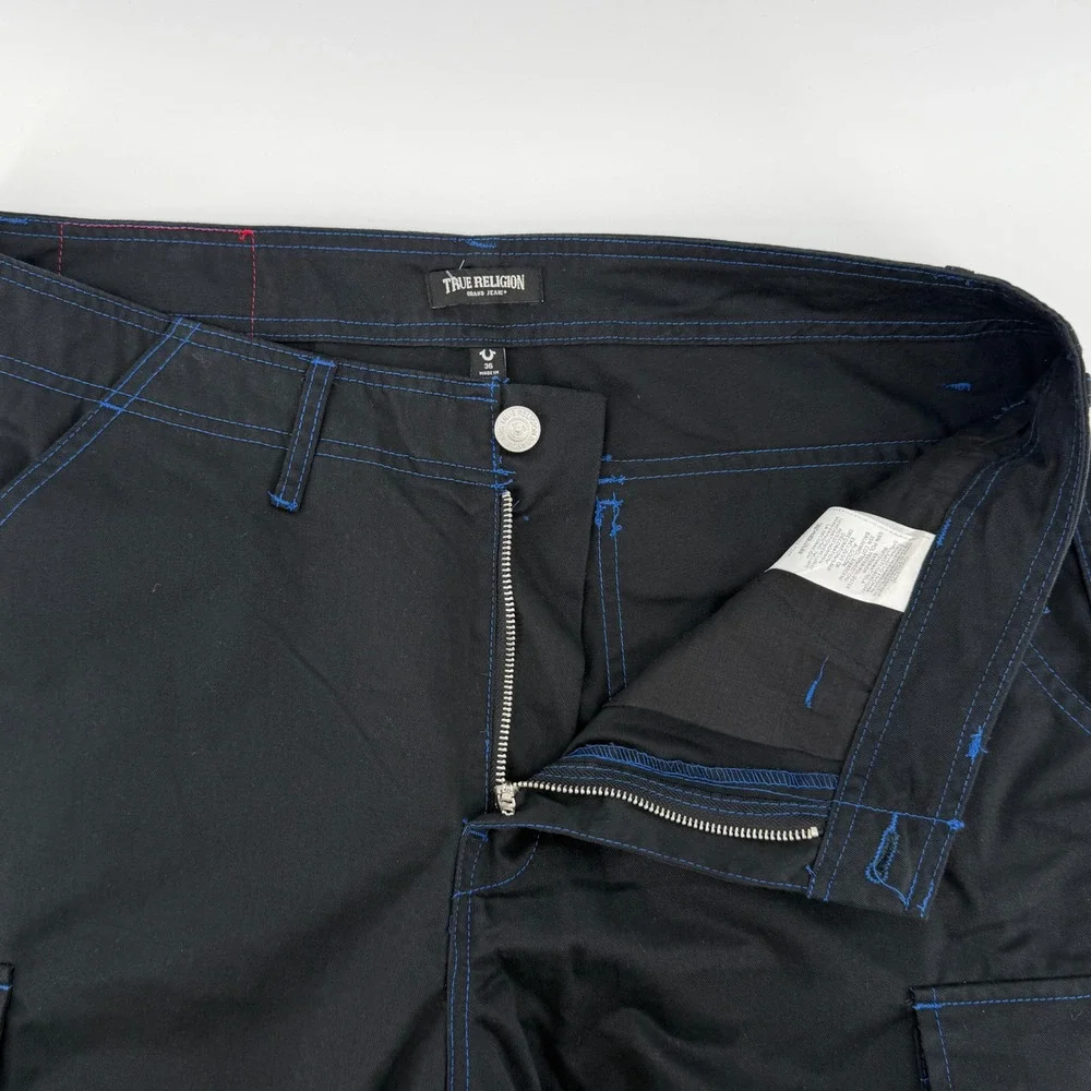True Religion Mens Cargo Pants 36x32 Black Pacific Blue Contrast Stitch 108335